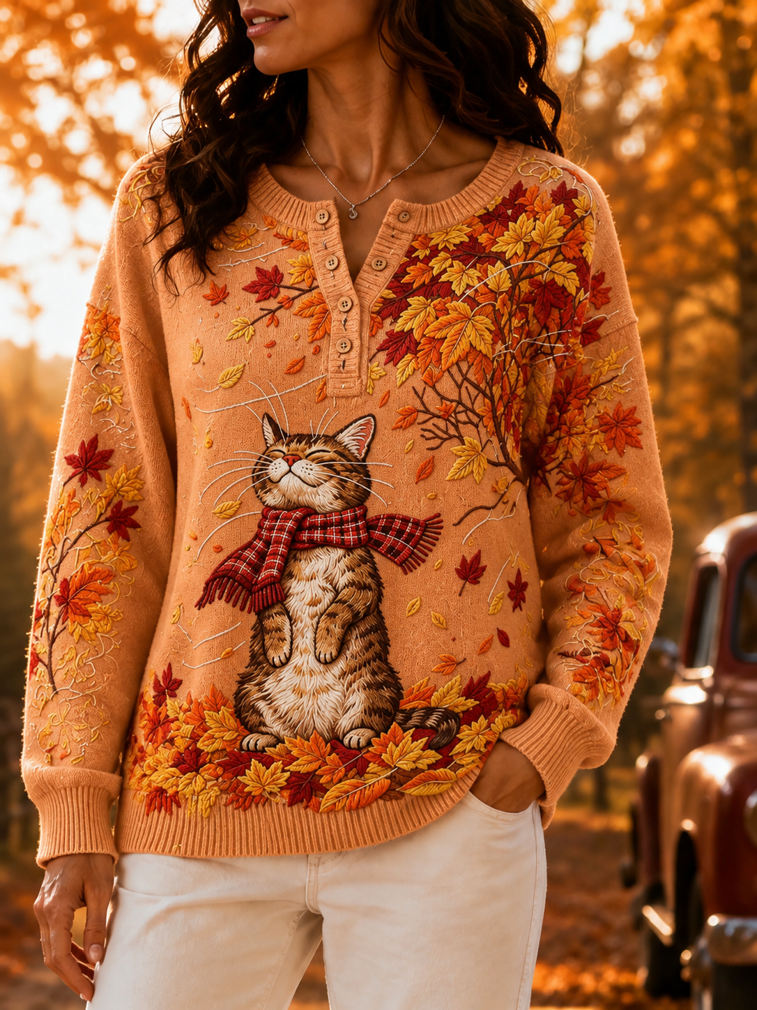 Women's Casual Print Button-Up Collar Knit Top